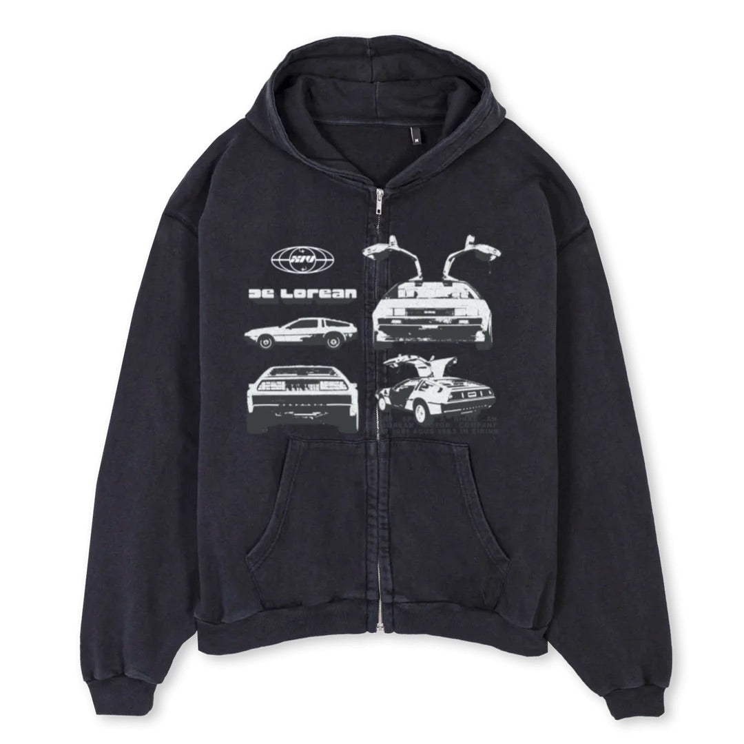 DeLorean Vintage Black Oversized Zipped Hoodie – XiV Clothing